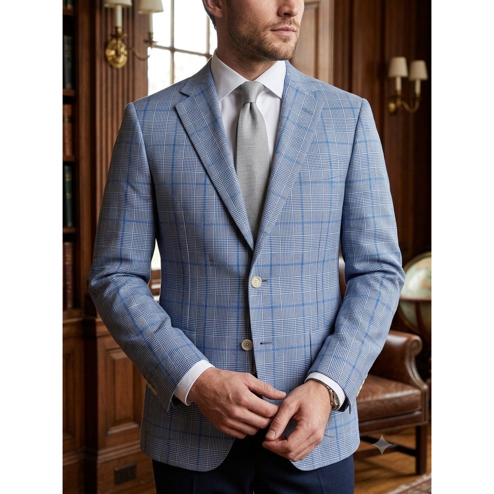 Samuelsohn Sport Coat Mens 42R Blue Plaid Wool Silk Cashmere Blazer Saks Unlined